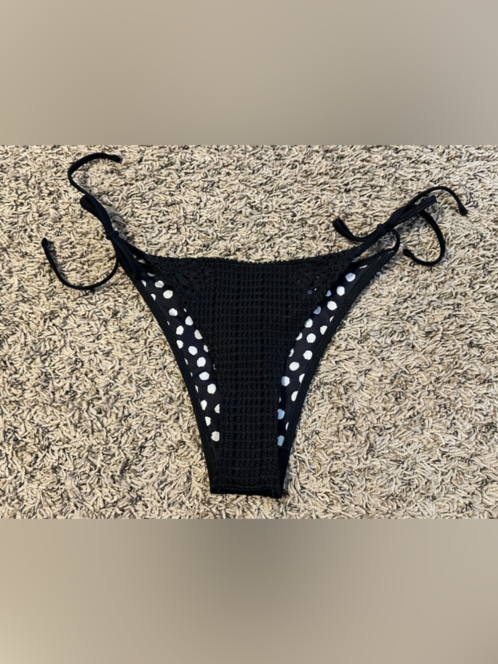 aerie Black Crochet Bikini Bottom with White Polka Dot Lining